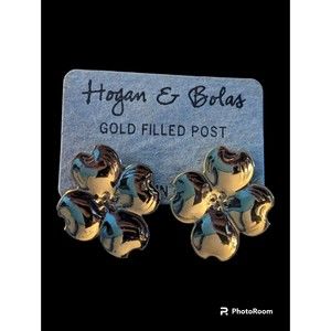 Hogan Bolas Gold Tone 4 Leaf Clover Earrings Pierced Gold Filled Post Vintage